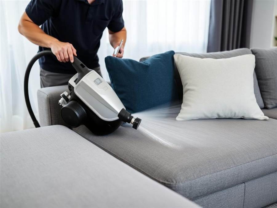 Profissional higienizando sofá cinza com equipamento